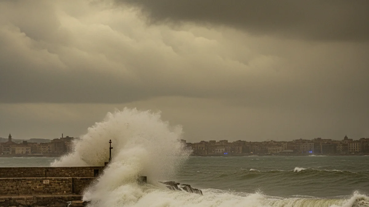 Imatge genèrica d'un temporal marítim amb onades fortes i cel tèrbol per la pols en suspensió.