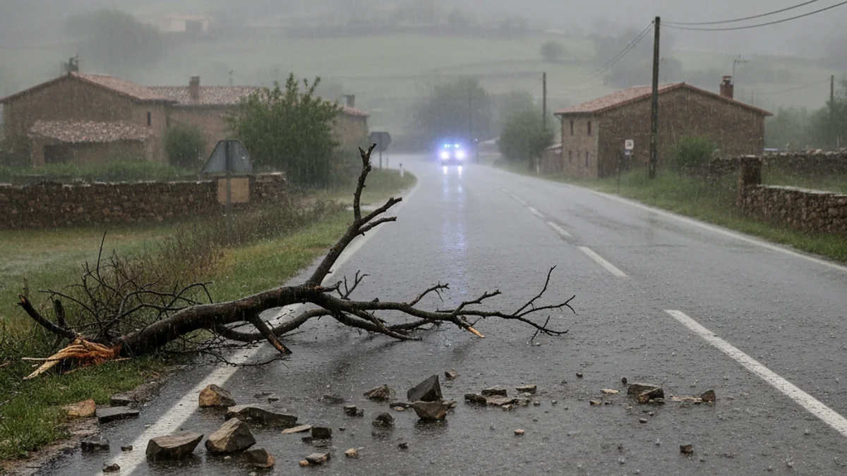 Imatge genèrica d'una carretera tallada per la caiguda d'un arbre i roques durant un temporal de pluja.