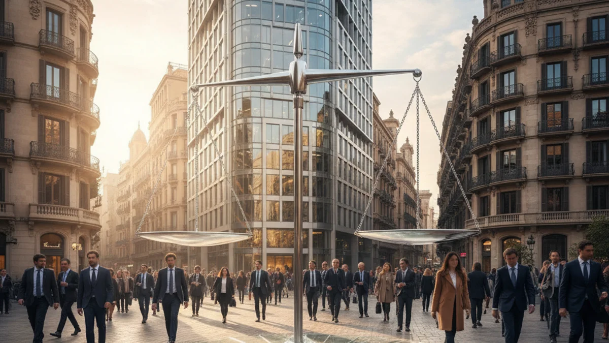 Imatge genèrica d'una balança equilibrada davant d'un edifici d'oficines modern a Barcelona.