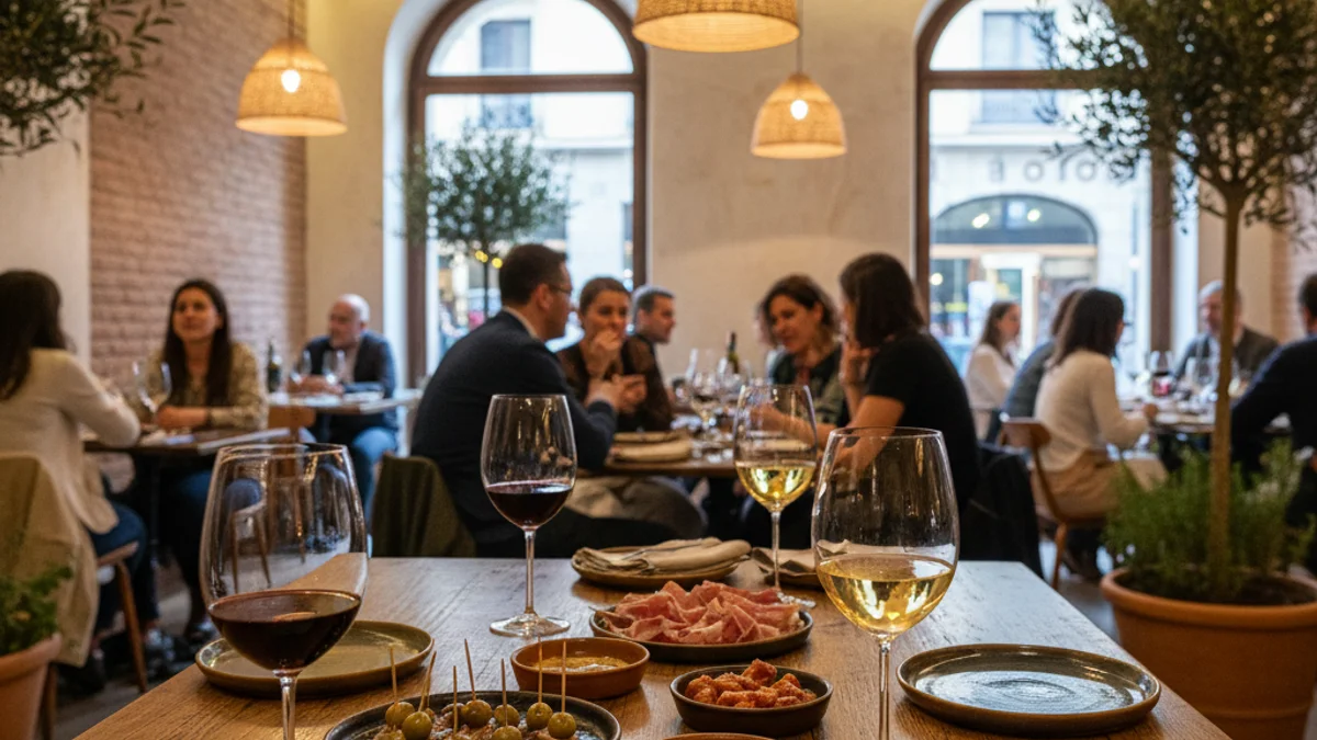 Imagen genérica del interior de un restaurante moderno con tapas y copes de vino sobre una mesa de madera.