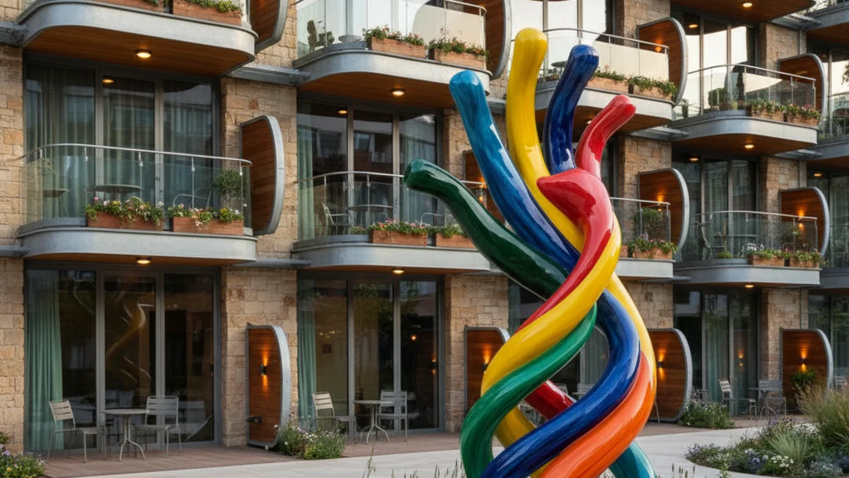 Generic image of a family support center facade with colorful details and private terraces.