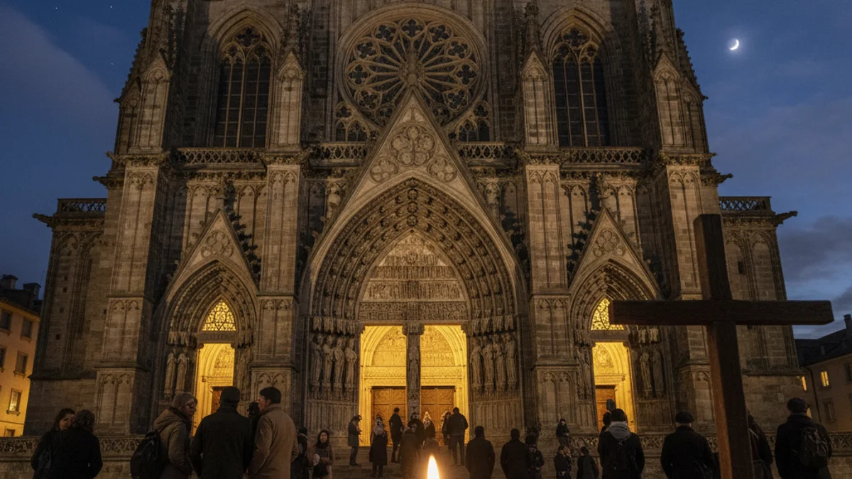Imatge genèrica de la façana d'una catedral il·luminada durant la nit amb les portes obertes.