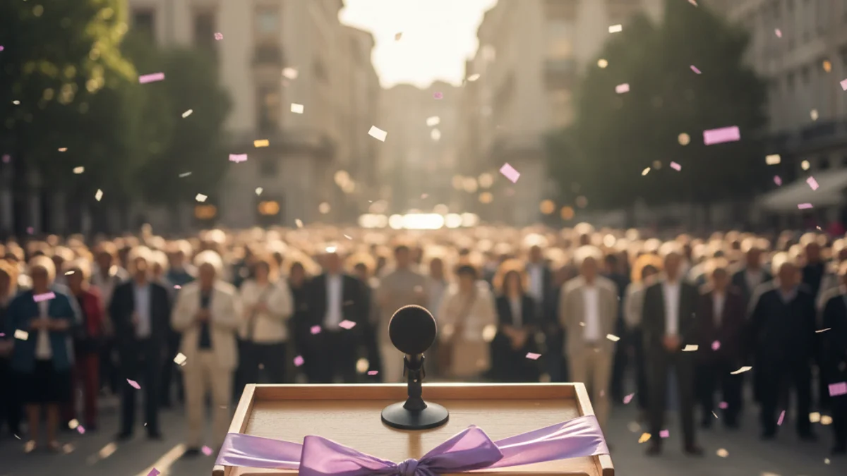 Imatge genèrica d'un acte commemoratiu pel Dia de la Dona amb un micròfon en primer pla.