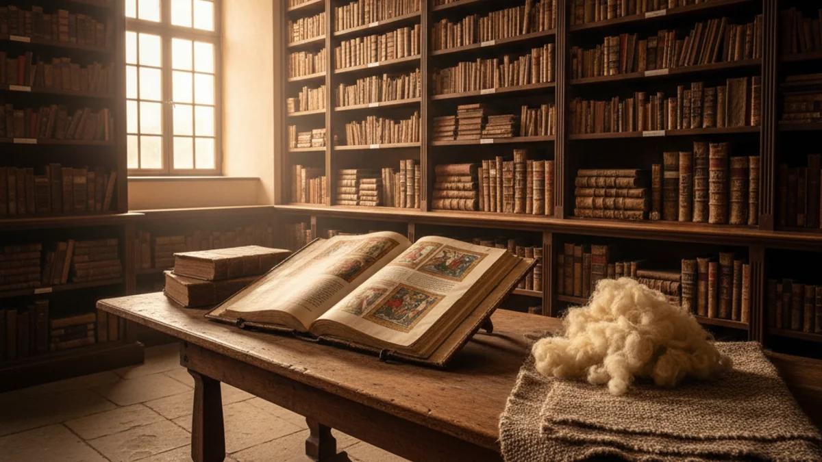 Imatge genèrica d'un arxiu històric amb documents antics i mostres de llana medieval.