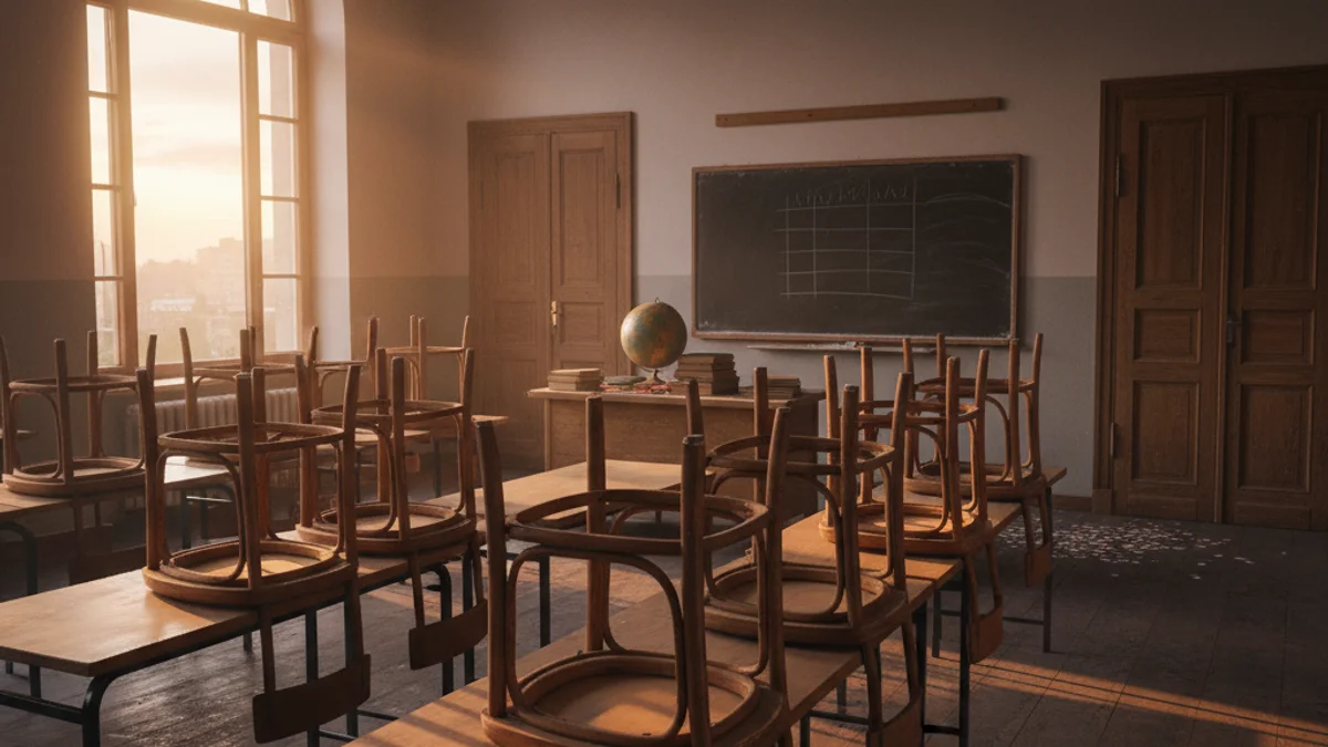 Imatge genèrica d'una aula buida amb cadires apilades que simbolitza el tancament de línies escolars.