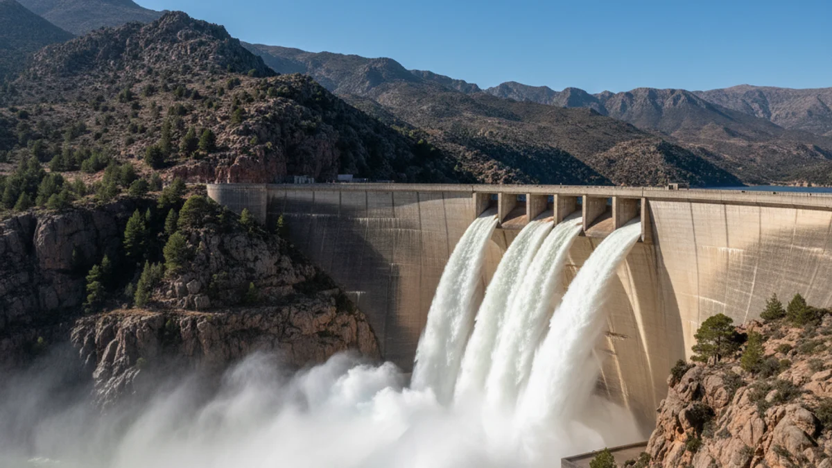 Generic image of a dam releasing water through its spillways.