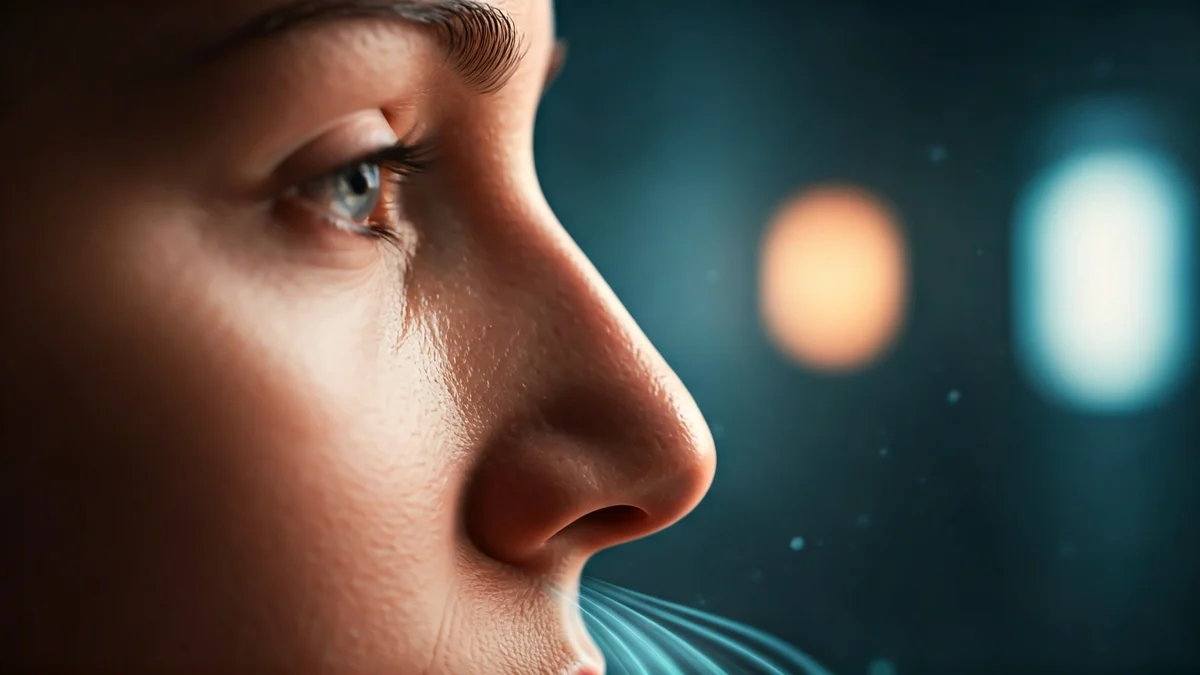Generic image of a human nose with air flow representation, in a medical setting.