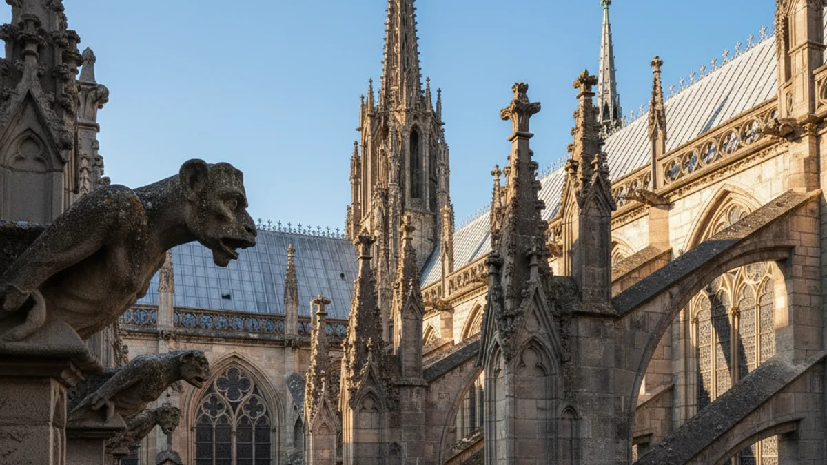 Generic image of the upper part of a gothic cathedral featuring restored stone gargoyles and architectural elements.