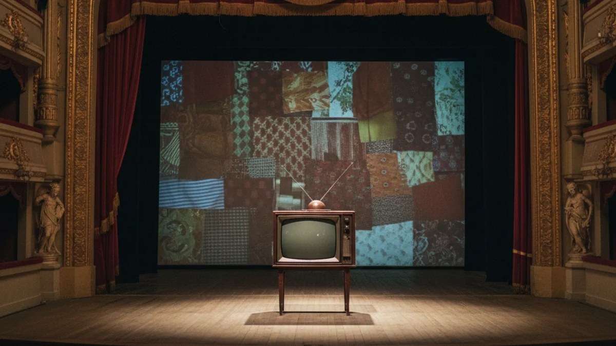 Imatge genèrica d'un escenari teatral amb un televisor antic sota els focus.