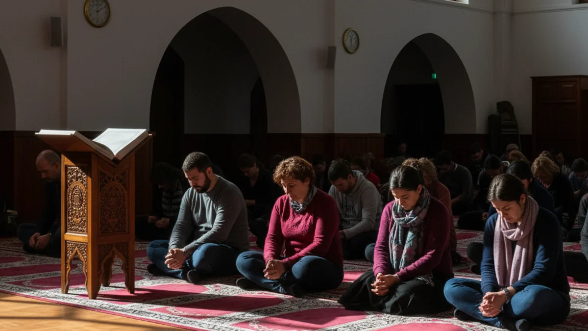 Imatge genèrica de l'interior d'un centre cultural islàmic amb llum tènue.