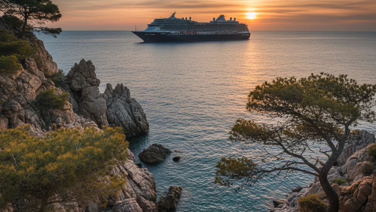 Generic image of a large luxury cruise ship anchored near the coast at sunset.