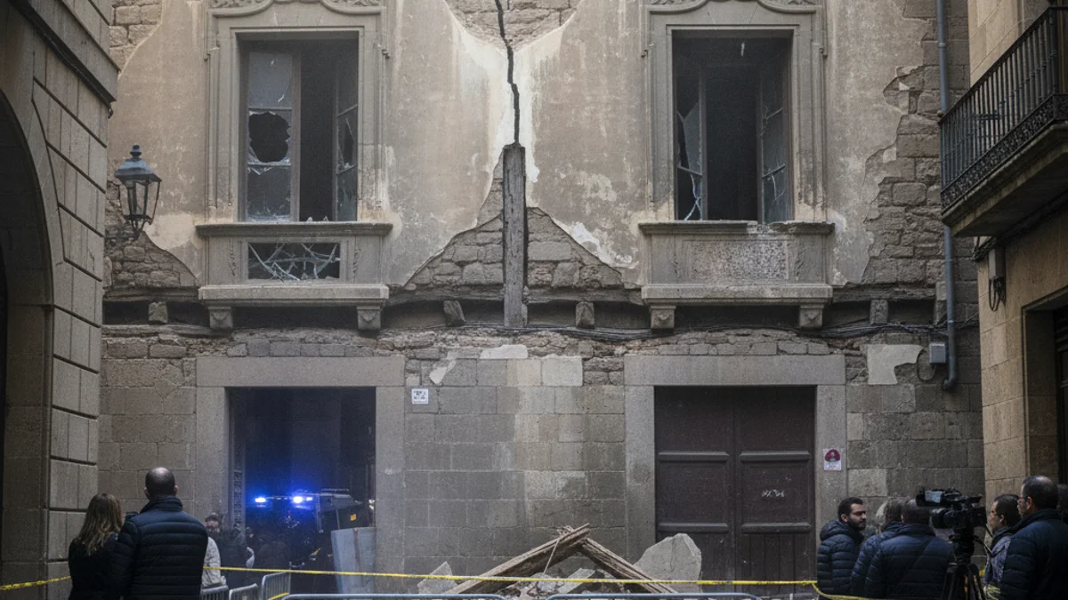 Imagen genérica de la fachada de un edificio antiguo con desperfectos y restos de escombros en la calle.