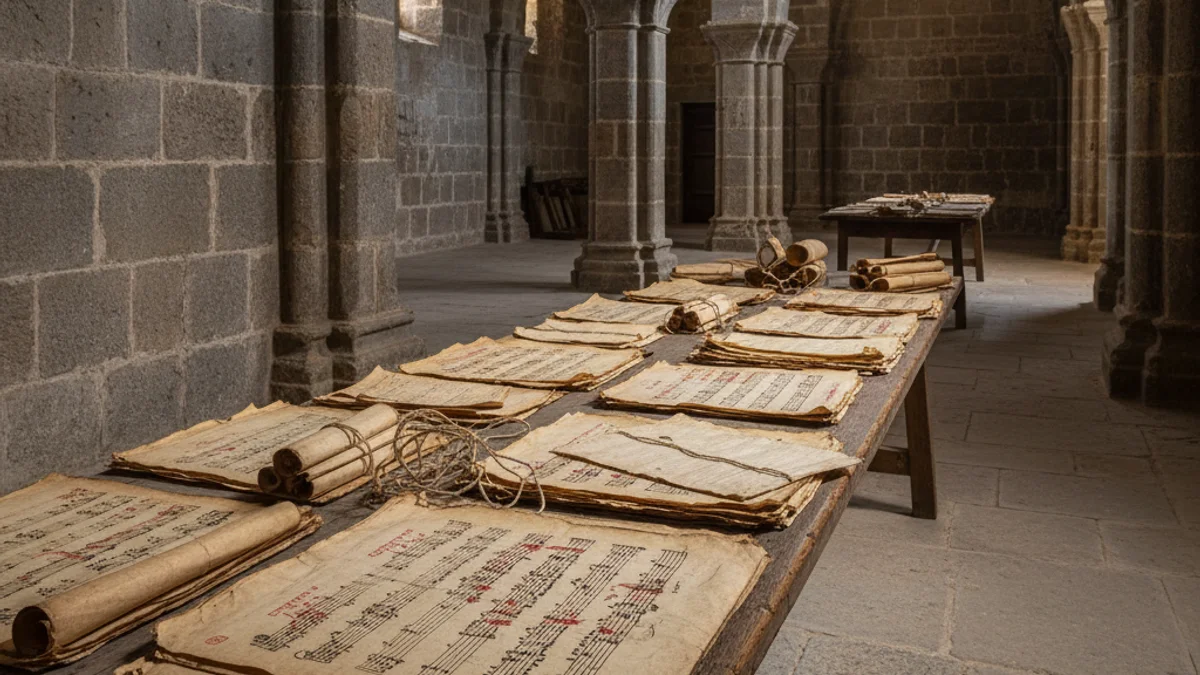 Imagen genérica de unos documentos antiguos y partituras medievales en un archivo histórico.