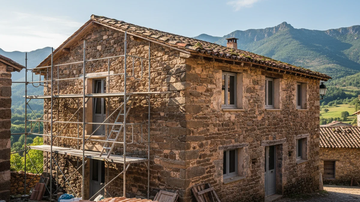 Imatge genèrica d'una casa de pedra en rehabilitació en un entorn rural de muntanya.