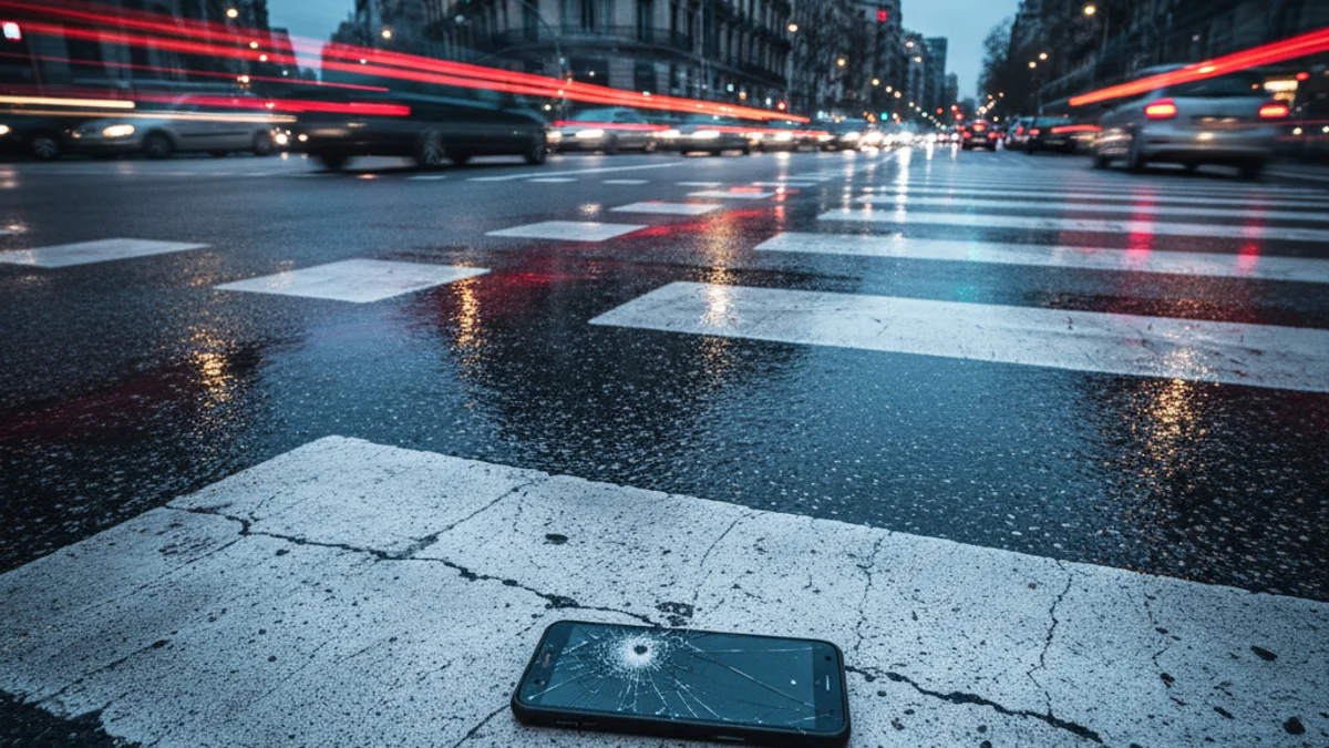 Imatge genèrica d'un carrer de ciutat amb llums de trànsit reflectides a l'asfalt i un telèfon mòbil a terra.
