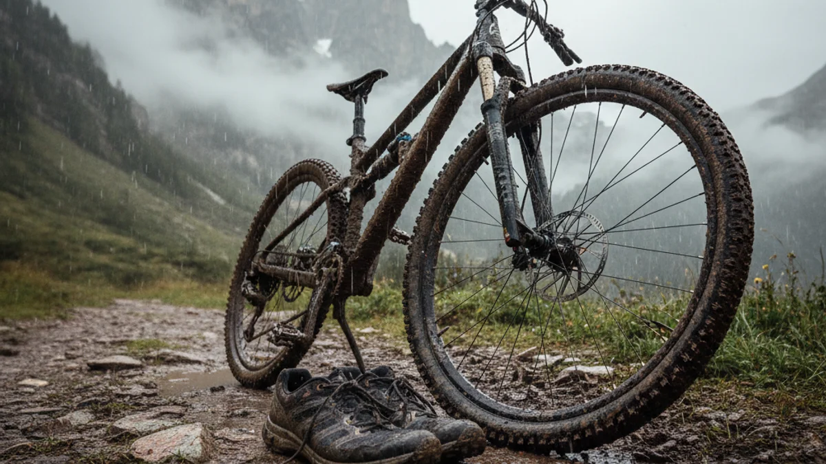 Imagen genérica de unas zapatillas de correr y una bicicleta de montaña en un camino embarrado bajo la lluvia.