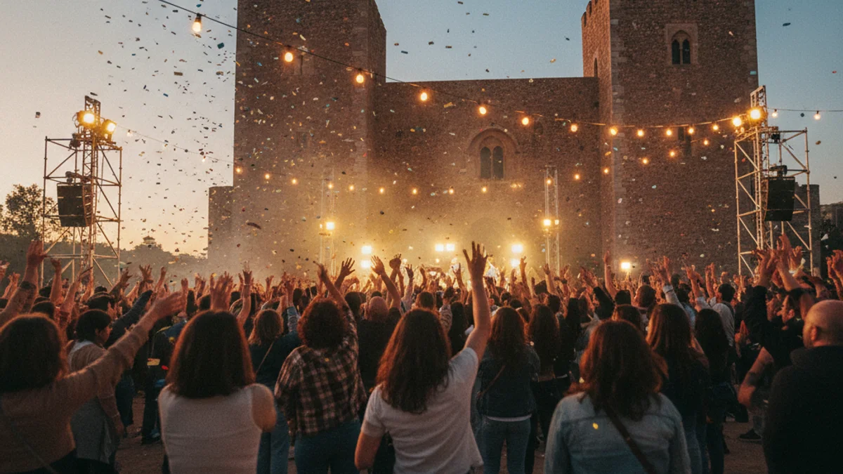 Generic image of a festive atmosphere with lights and people in front of a historic building during a music festival.