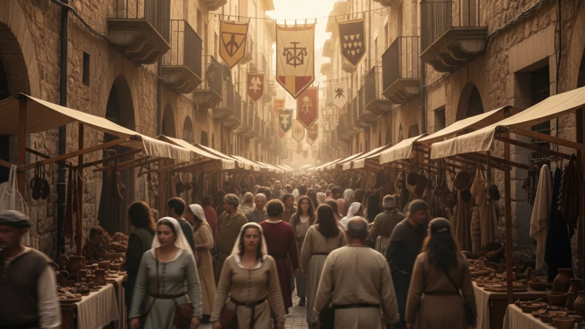 Imatge genèrica d'un mercat medieval amb parades de fusta i gent passejant sota el sol.