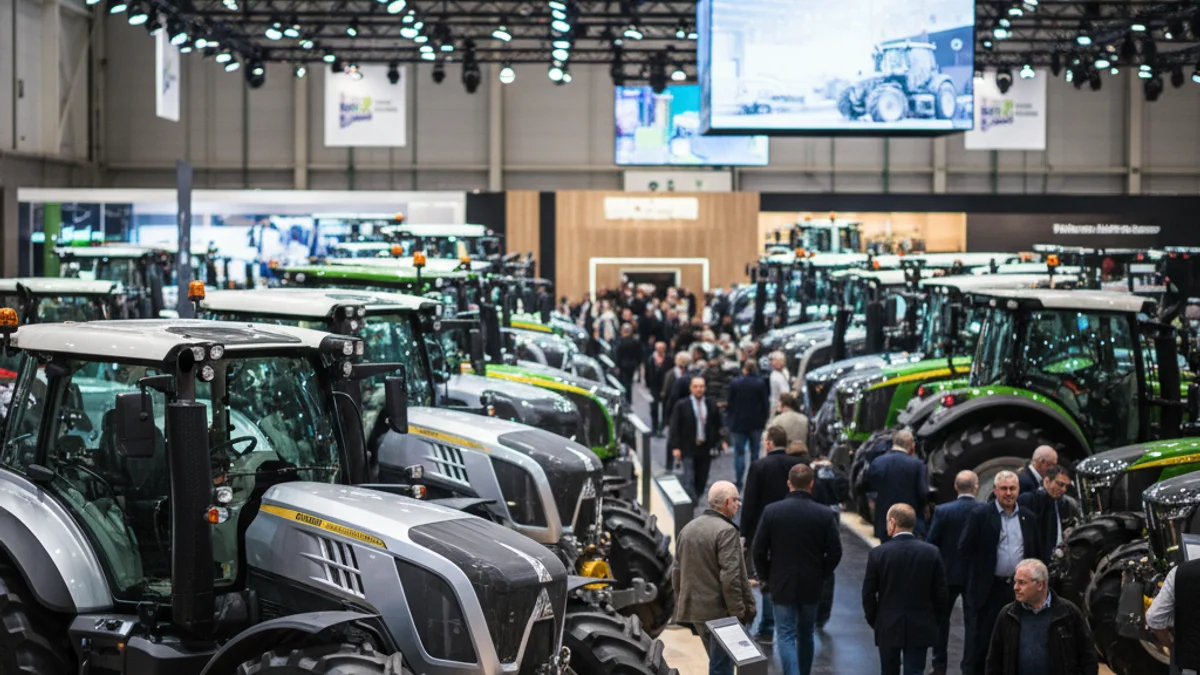 Generic image of an agricultural machinery fair with tractors and exhibition halls.