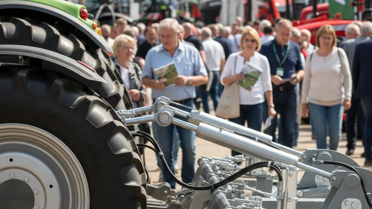 Generic image of an agricultural machinery fair with exhibitors and visitors.