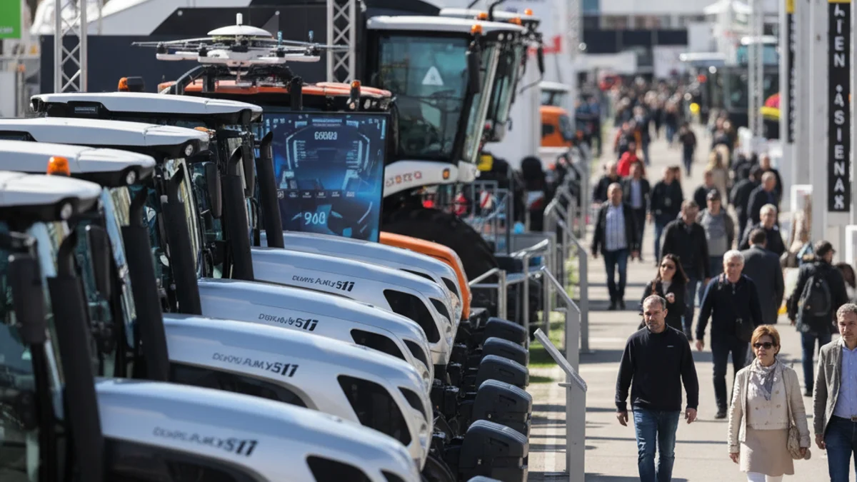 Generic image of an agricultural machinery fair with tractors and exhibitors.