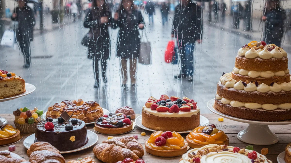 Imatge genèrica de pastisseria artesana exposada en una fira a l'aire lliure sota un cel ennuvolat.