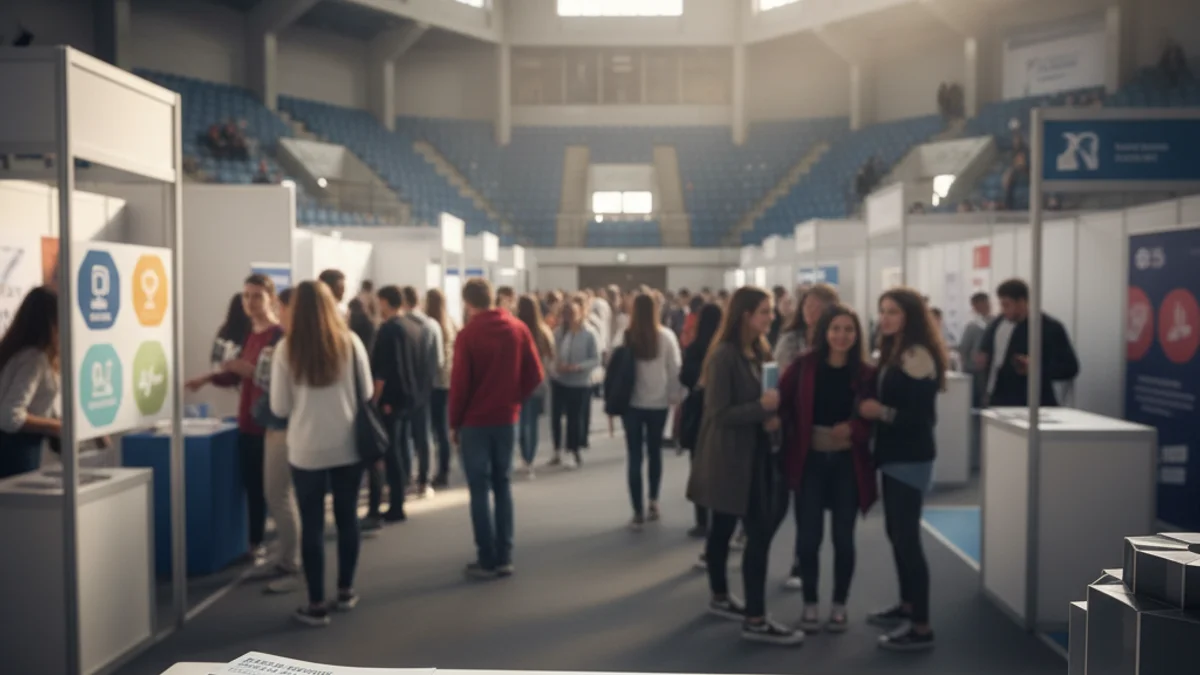 Imagen genérica de un grupo de jóvenes en una feria de orientación académica con varios estands informativos.