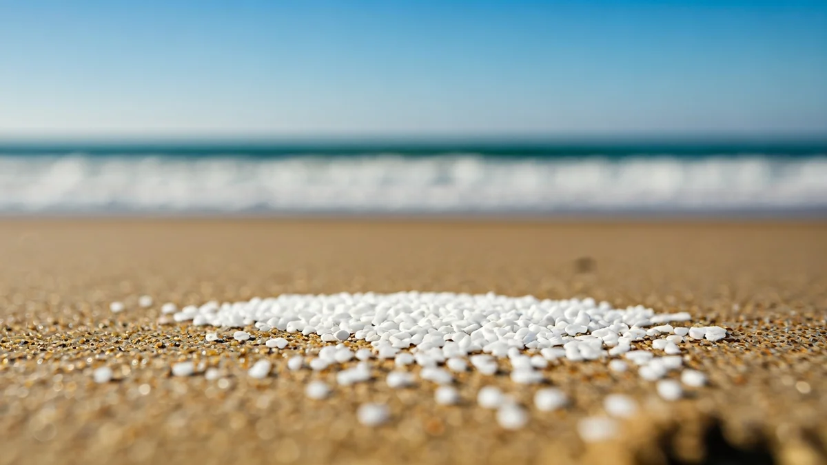 Imagen genérica de pellets de plástico en la arena de una playa con el mar de fondo.