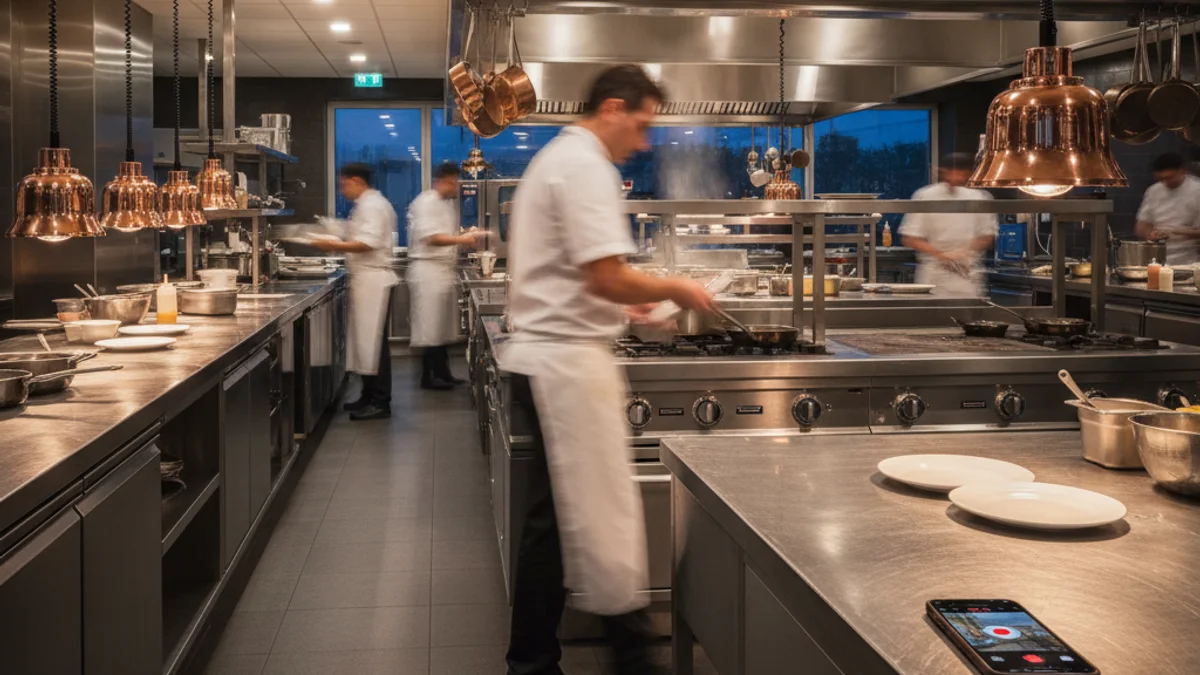 Imagen genérica de una cocina de alta gastronomía con un teléfono móvil grabando en primer plano.