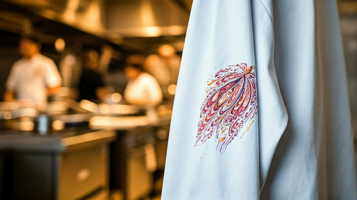 Generic image of a chef's jacket with an artistic design.