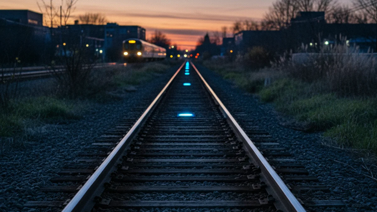 Imatge genèrica d'unes vies de tren amb un comboi de Rodalies al fons durant el capvespre.