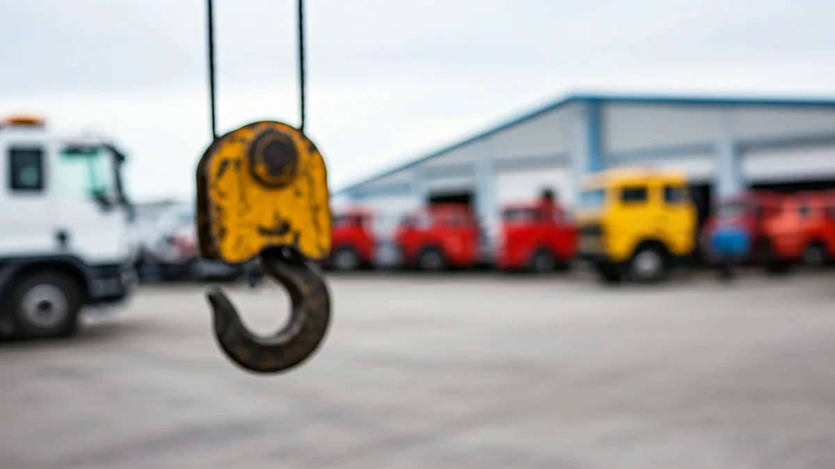 Generic image of a tow truck hook with a vehicle depot in the background