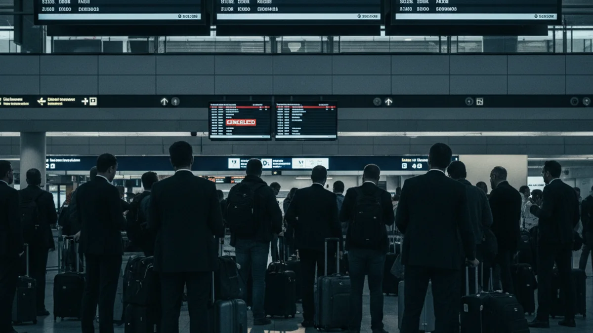 Imagen genérica de un panel de vuelos en un aeropuerto con varias cancelaciones indicadas en rojo.