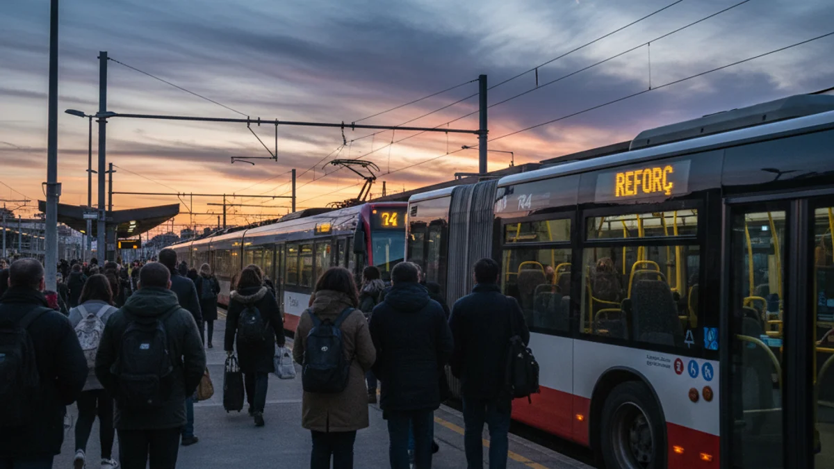 Imatge genèrica d'un autobús de reforç estacionat prop d'una estació de tren per cobrir el servei de Rodalies.