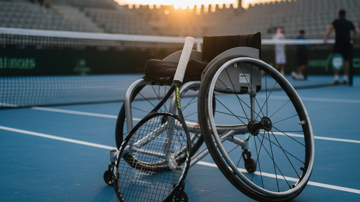 Imatge genèrica d'una raqueta de tenis recolzada en una cadira de rodes esportiva en una pista.