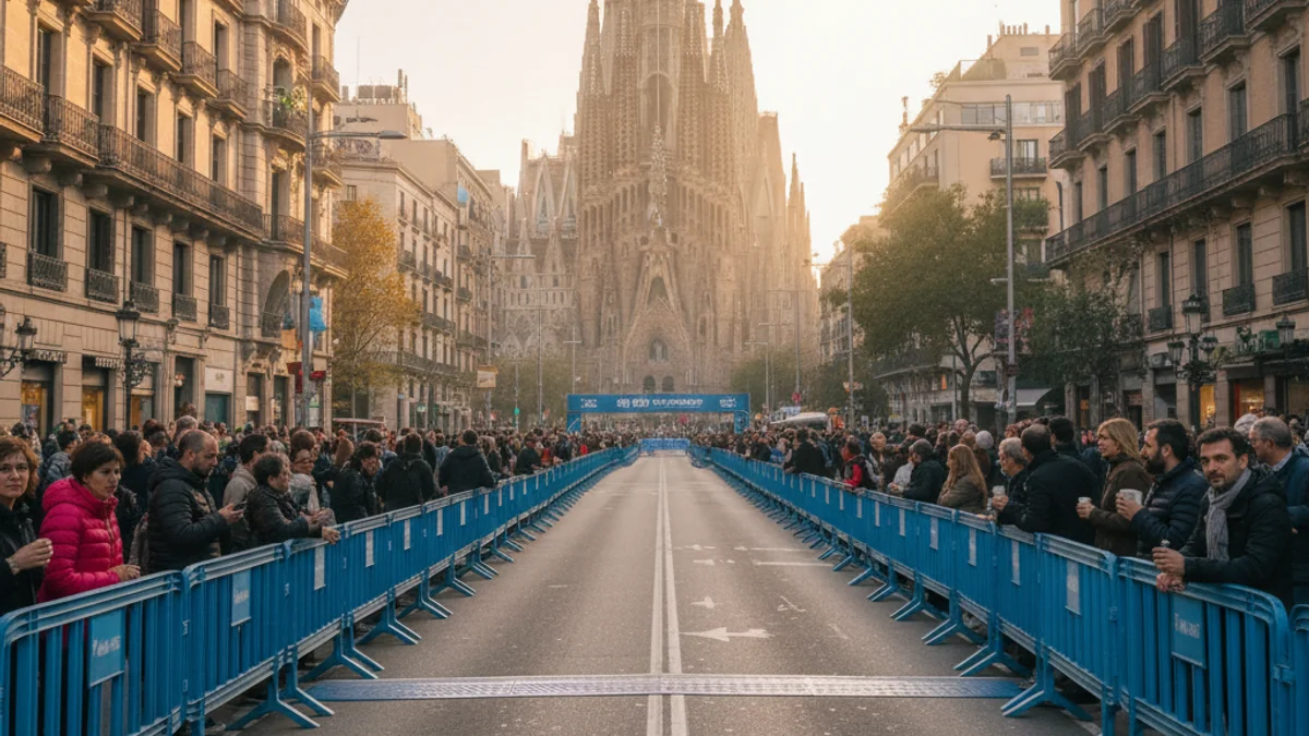 Imatge genèrica d'un carrer de Barcelona preparat per a una competició esportiva amb tanques i senyalització.