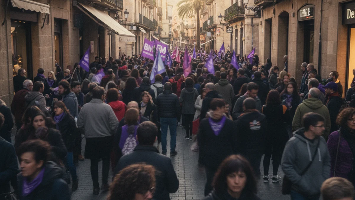 Imatge genèrica d'una marea lila durant una manifestació feminista pels carrers d'una ciutat.