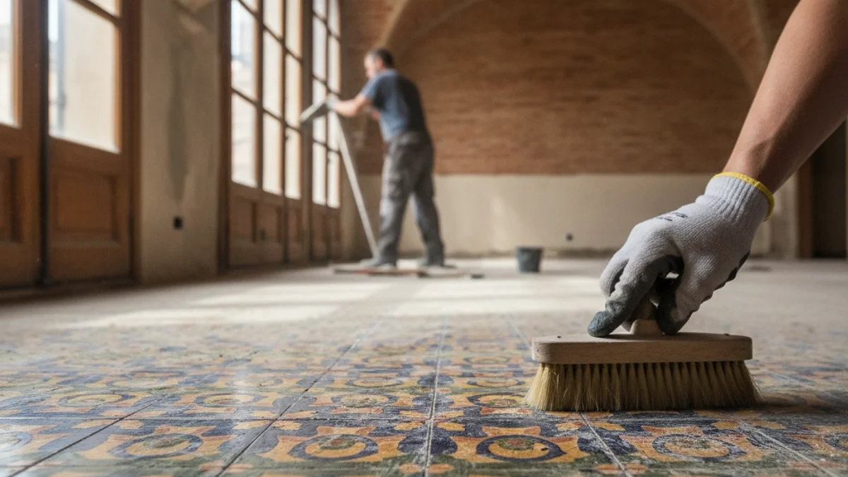 Imatge genèrica de la restauració d'un paviment hidràulic en un edifici modernista.
