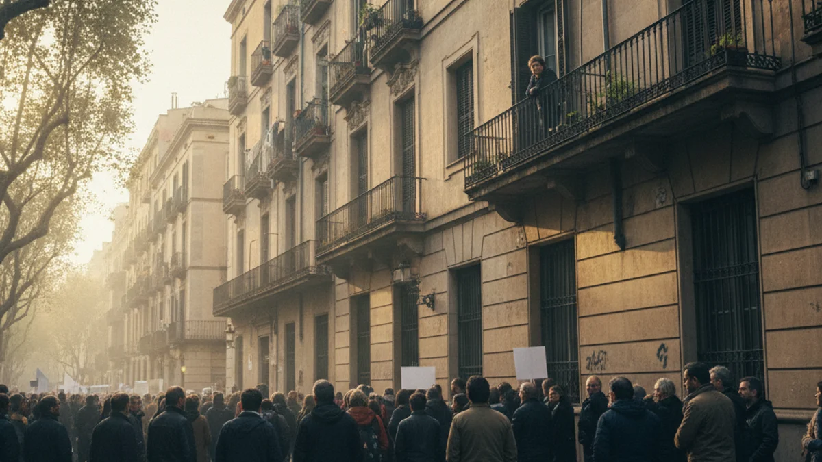 Imatge genèrica d'una concentració veïnal davant d'un edifici d'habitatges en un context de protesta pel dret a l'habitatge.