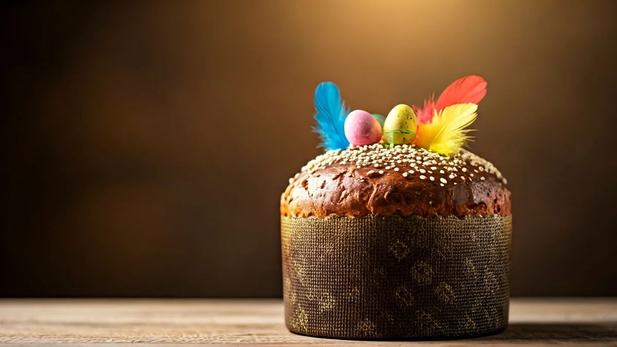 Imatge genèrica d'una mona de Pasqua tradicional amb plomes de colors i figuretes.