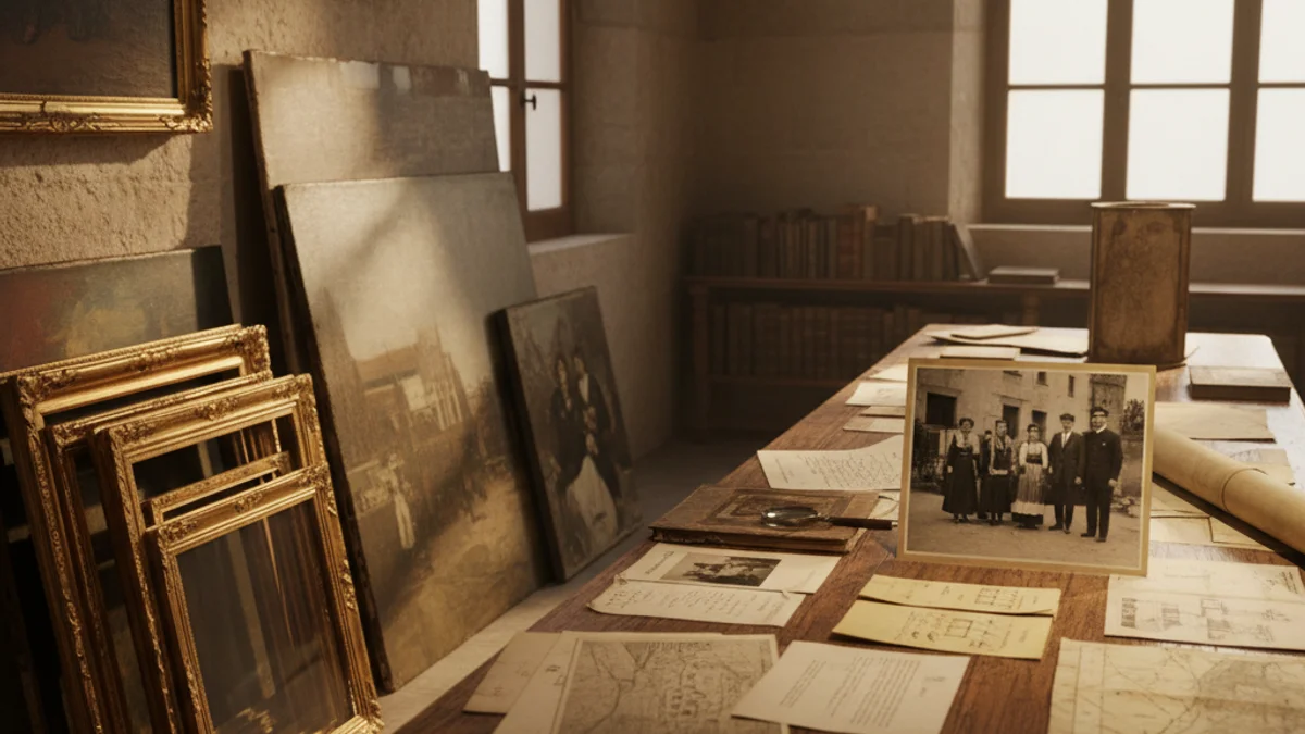 Generic image of a table with ancient documents and historical photographs in an art gallery.