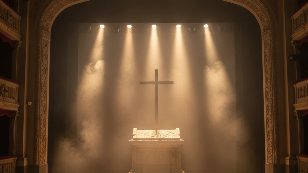 Imatge genèrica d'un escenari teatral amb efectes de fum i il·luminació dramàtica.