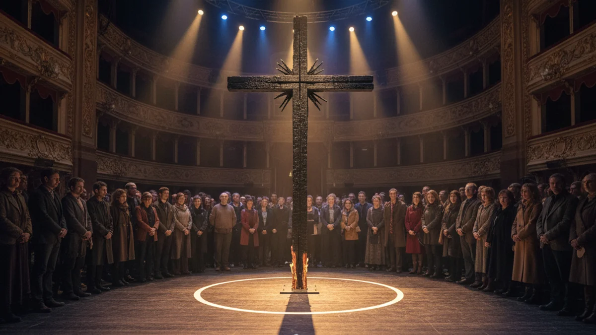 Imatge genèrica d'una creu de fusta en un escenari teatral amb il·luminació dramàtica.