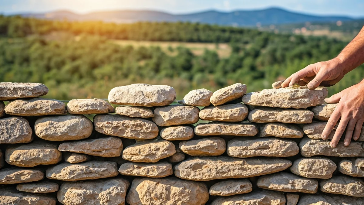 Generic image of hands building a dry stone wall in a rural landscape