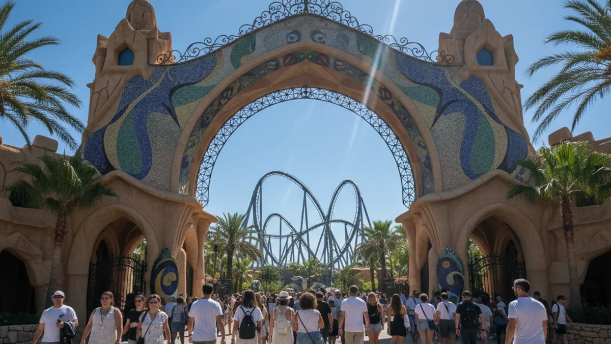Generic image of roller coaster tracks at a theme park under a clear sky.