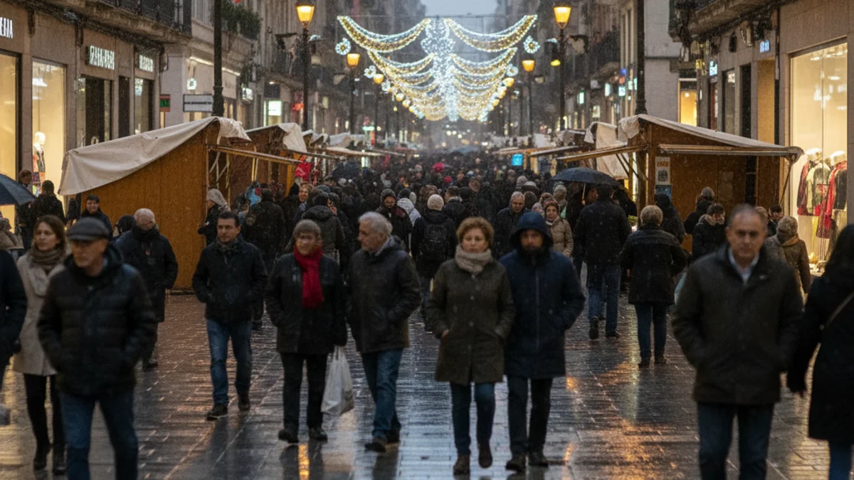 Generic image of an empty shopping street under a cloudy sky.