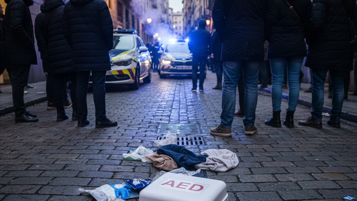 Generic image of an external defibrillator next to a police vehicle with emergency lights on.