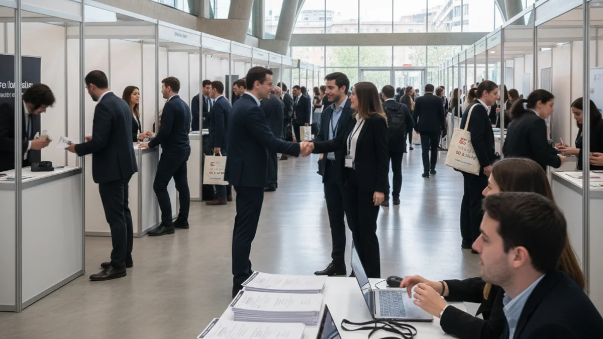 Imagen genérica de una feria de empleo con candidatos y reclutadores en un entorno moderno.