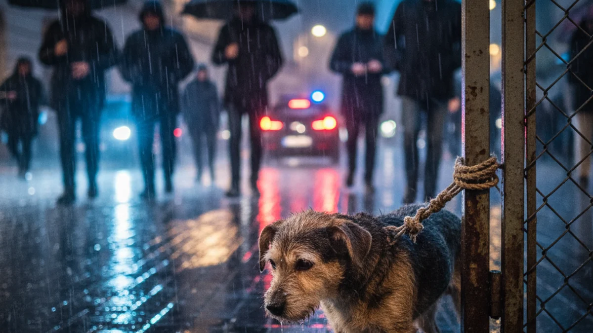 Generic image of an abandoned dog tied to a fence under the rain.