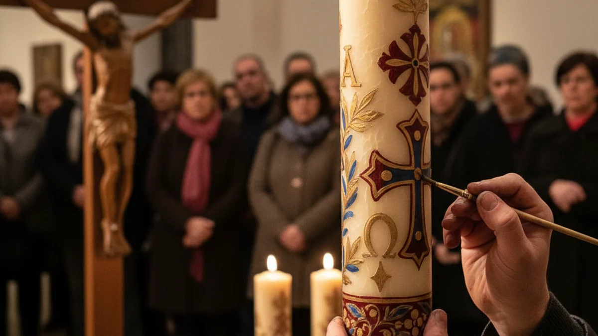 Imatge genèrica d'un ciri pasqual decorat de forma artística per a la Setmana Santa.